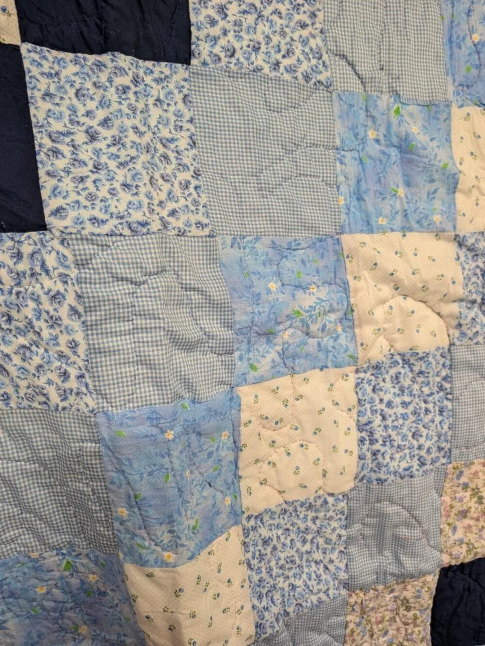 Handmade Blue Floral Patchwork Quilt - Vintage Throw